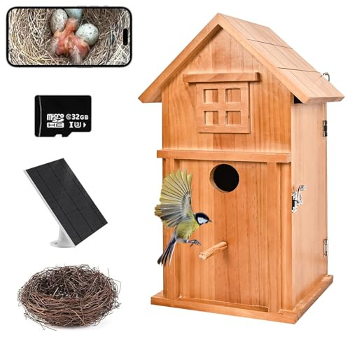 GABREE Smart Birdhouse, 1080P HD Outdoor-Design, 2,4 G WLAN, automatische Aufnahme von Vogelvideo und Bewegungserkennung, Nachtsicht, Vogelhaus mit Kamera (dunkel)