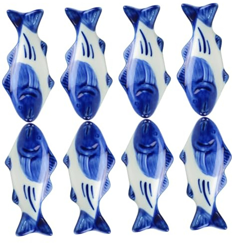 VICASKY Porta Bacchette e Poggia Posate in Ceramica a Forma di Pesce, Set da 8 Pezzi, Supporto Rotante per Bacchette, Forchetta e Cucchiaio, Design Salvaspazio per Cucina e Tavola