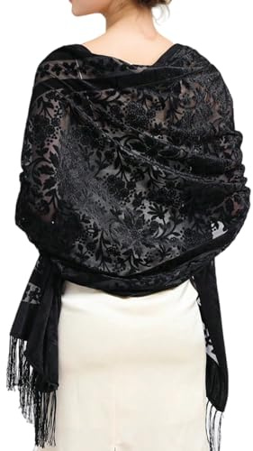 Scialle di velluto sofisticato per donna, ideale per abito da sera, avvolgente per le spalle, comodo per ospiti di matrimonio, sciarpa con frange, foulard per la testa, Nero , Taglia unica