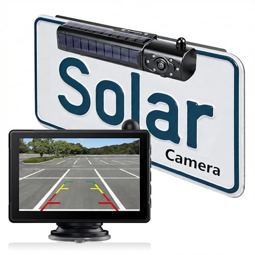 Solar Funk Rückfahrkamera Kit mit 5-Zoll-Monitor,5000mAh Akku IP68K Nachtsicht, Einstellbare Parklinie, Einfache Installation, für LKW/PKW/Wohnmobil