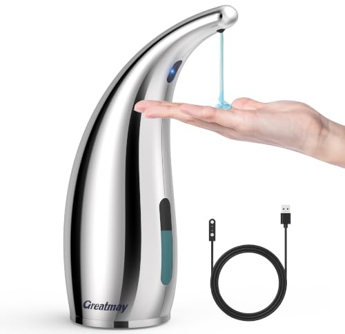 Greatmay Adjustable Automatic Soap Dispenser Touchless, 4 Adjustable Levels Touchless Sensor Liquid Soap Pump Dispenser，300ml Rechargeable Magnetic Charging Hand Soap Dispenser for Kitchen，Bathroom