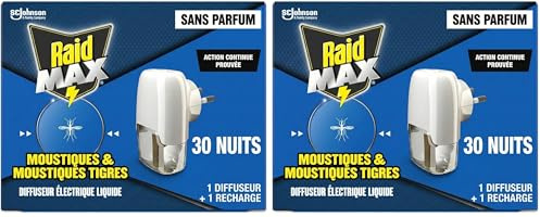 Raid Max Diffuseur Électrique Liquide - Anti-Moustiques et Moustiques Tigres 30 Nuits - Protection Continue & Nuits Sereines - Sans Parfum - 1 Diffuseur + 1 Recharge (Lot de 2)