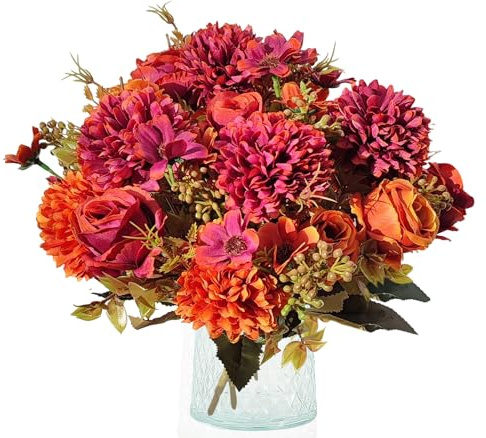 Jusdoja Kunstblumen Wie Echt, Kunstblumenstrauß Hortensien Rot Orange | 4 Bündel, mit Kunstrosen, Gänseblümchen. Herbstdeko für Innen & Draußen, Hochzeit, Büro, Zimmer & Tischdeko.
