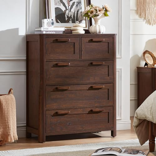 Joaxswe Farmhouse 5 Drawer Dresser for Bedroom, Chest of Drawers with 5 Deep Drawer & 4 Thickened Table Legs, Walnut