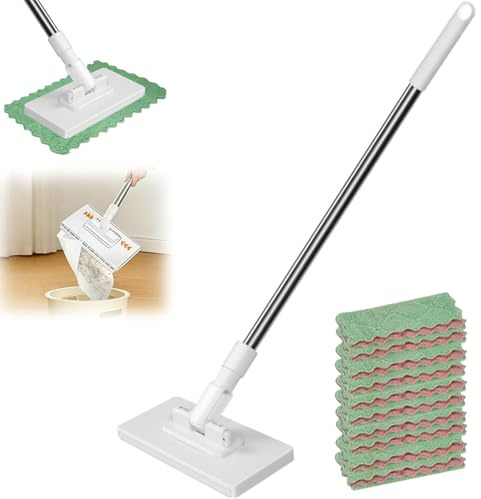 Fregona con Sistema de Sujeción a Presión, Fregona con Cambio Automático de Tela Plana, Incluye 10 Paños de Microfibra Reutilizables para Cocina, Baño y Oficina