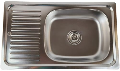 Fregadero de cocina de acero inoxidable de 57 x 45 cm con escurridor y sifón de montaje superior, lavabo redondo con acabado satinado para cocinas modernas, duradero y fácil de limpiar