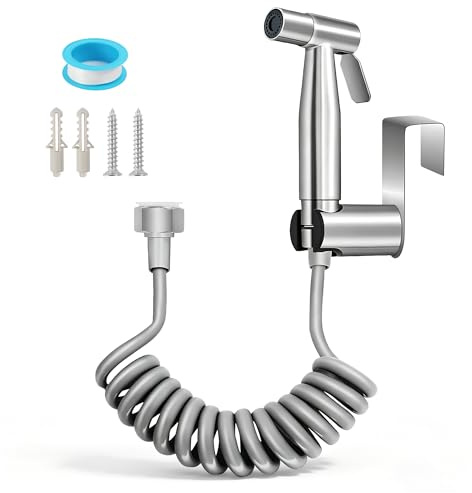 SYCEES Ducha Bidet para Inodoro WC con Soporte y 1.5m Manguera Telescópica | Acero Inoxidable 304, Portátil, Presión Ajustable, Anti-Enredo,2 Formas de Montaje Para Higiene, Limpiador de Baño y Lavabo