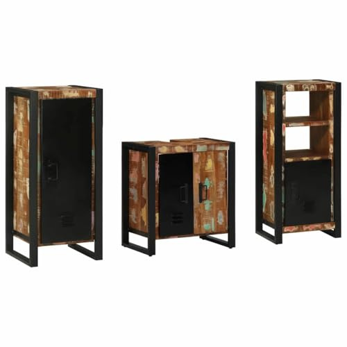 RuiNingRN Badezimmermöbel Set 3-teilig aus massivem upgecyceltem Holz mit Regal und Schubladen, Badmöbel Garnitur mit Schrank, Wandmontage und Stauraum für Gäste WC und Waschplatz