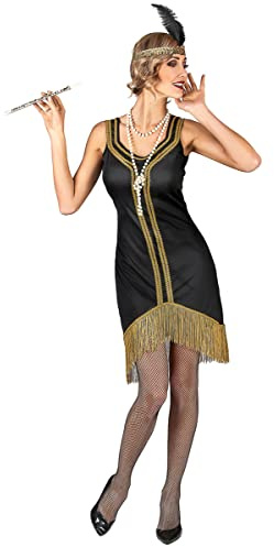 DEGUISE TOI - Déguisement Charleston noir et or à franges Femme - Robe - Bandeau - M - Noir - Déguisements adultes - 100% Polyester - Lavable à la main - Carnaval