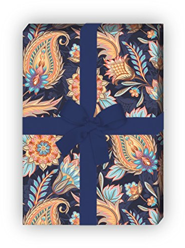 Kartenkaufrausch Set 4 Bogen: Exotisches Geschenkpapier, Dekorpapier, Musterpapier zum Einpacken mit edlem Paisley Muster, blau, für tolle Geschenk Verpackung, Designpapier, scrapbooking 32 x 48cm