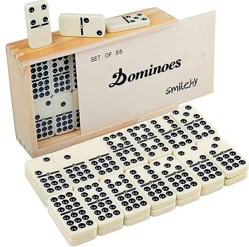 Smilejoy Dominoes Set for Adults, Double Nine Domino Set for Classic Board Games, Dominoes Double 9 for Family Games with Natural Wooden case with Spinner 55pcs
