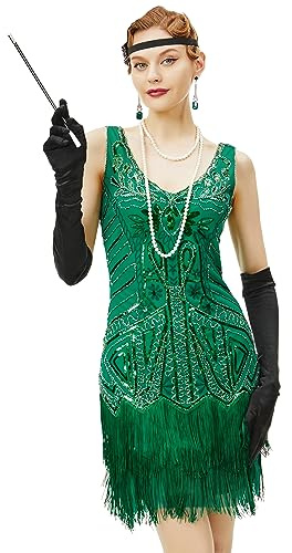 BABEYOND - Vestido de charlestón para Mujer, Estilo años 20, Vestido del Gran Gatsby con Flecos, Cuentas y Cuello de Pico, Verde, XS