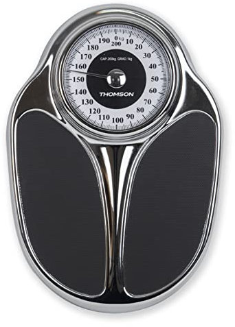 THOMSON Trad Mass – mechanische Personenwaage – bis zu 200 kg – große rutschfeste Platte – optimale Lesbarkeit – Vintage-Stil, Chrom-Finish – ohne Batterie