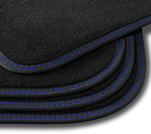 Autofußmatte Premium schwarz (OAS) mit Nubuk Bandeinfassung und doppelter Ziernaht (innen blau + außen blau) für Hyundai I20 Baujahr ab 2015 | mit Befestigungen in den vorderen Matten