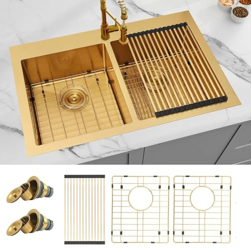 Zeesink Gold Kitchen Sink,33 X 22 inch Drop in Kitchen Sinks Double Bowl,16 Gauge Stainless Steel 50/50 Double Sink,Top Mount/Drop In Double Kitchen Sink 33 inch