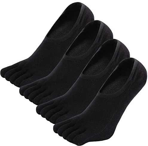ZAKASA Calcetines Invisibles Dedos Hombre: Algodón Calcetines con Cinco Dedos Separados Calcetines de Deporte Tobilleros Corte Bajo con Silicona Antideslizante Talla 39-44 Negro-4 pares