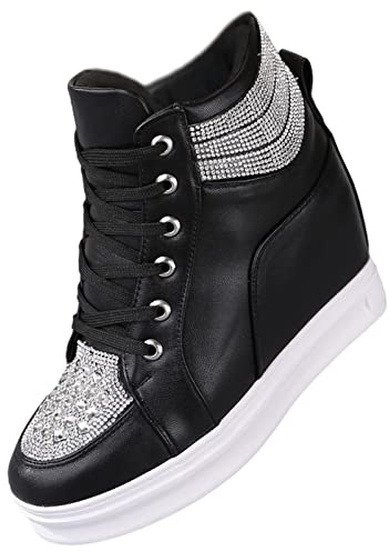 rismart Plataforma Botines Mujer Brillantina High-Top Moda Cuñas Zapatillas con Cordones Negro, 37 EU