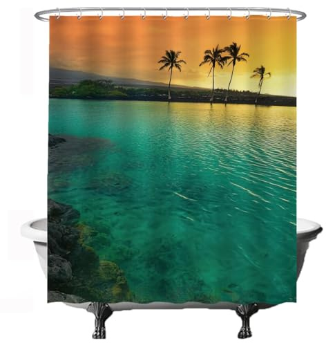 Ulticool Cortina de Ducha – Mar Playa Puesta de Sol – 180 x 200 cm – Lavable – Antimoho – con 12 Anillos Blanco - Semi Transparente – Azul Verde Amarillo