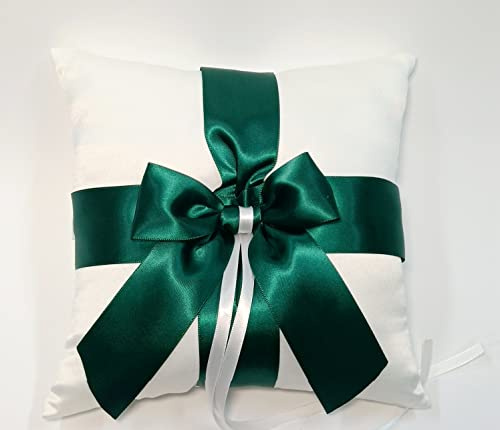 Uwedding Wedding Ring Pillow, Ring Bearer Pillow, Champagne Ring Bearer Cushion with Green Ribbon for Wedding Party (White)