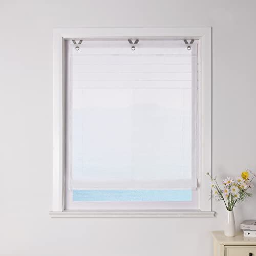 ESLIR Raffrollo mit Ösen Voile Raffgardine ohne Bohren Transparent Ösenrollo Modern Gardinen mit Haken Vorhänge Weiß BxH 60x140cm 1 Stück