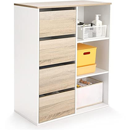 Aktenschrank Büroschrank Mobiler Aktenschrank aus Holz mit 4 Schubladen, mobiler seitlicher Aktenschrank auf Rädern, Druckerständer mit offenen Lagerregalen for das Heimbüro Büroschränke Aktenschränke