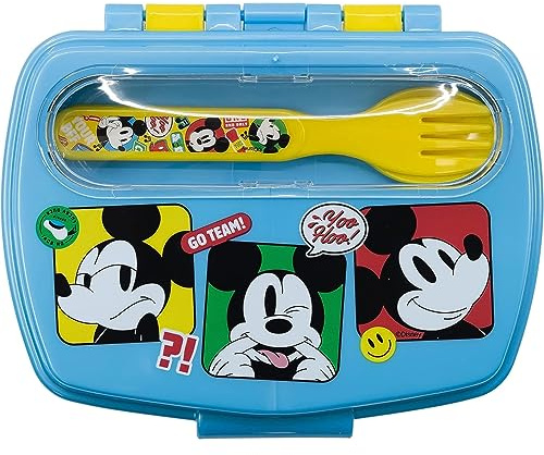 CARTOON Portamerenda con posate Topolino Disney, contenitore per il pranzo con forchetta e cucchiaio in plastica riutilizzabile senza BPA