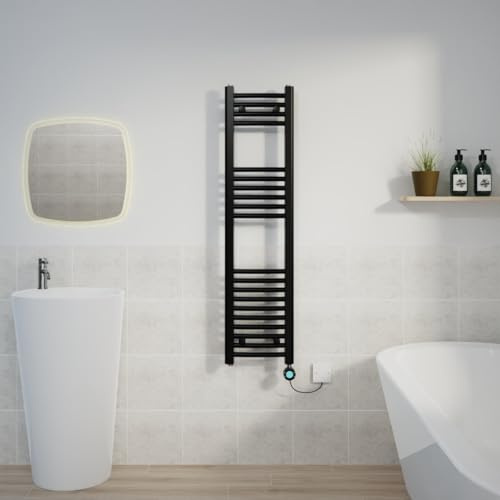 Warmehaus Electric Towel Rail Curved Black Thermostatic Timer 1200x300mm