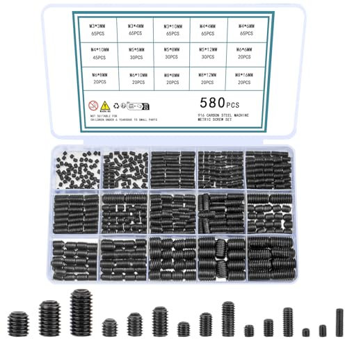 QOOSIKICC 580 Stück Madenschrauben Set, M3 M4 M5 M6 M8 Madenschrauben Sortiment Set, Innensechskant Gewindestifte Schrauben Kit, Kopflose Schraube Türgriff Schraube