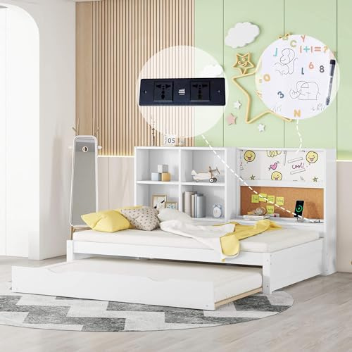 HYUB Kinderbett, Einzelbett 90x200cm mit Offenes Ablagefach und Lattenrost, Schlafsofa Tagesbett mit Ausziehbarem Bett, Funktionsbett mit Zeichenbrett, für Jungen und Mädchen, Ohne Matratze, Weiß