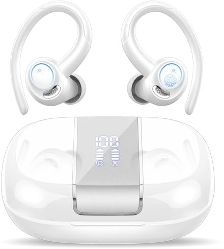 Csasan Wireless Earbuds, Bluetooth 5.3 Headphones with ENC Noise Canceling Mic, 3D Stereo Wireless Earphones, 48H LED Display Ear buds with Earhooks, IPX7 Waterproof for Sport/Running/Gym/White