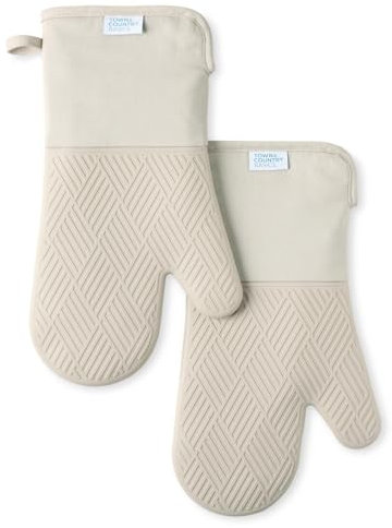 TOWN & COUNTRY BASICS Basketweave Ofenhandschuh, weiches Silikon, hitzebeständig bis 250 °C, Flexibles Silikon, Rutschfester Griff, Beige, 19,1 x 33 cm, 2 Stück