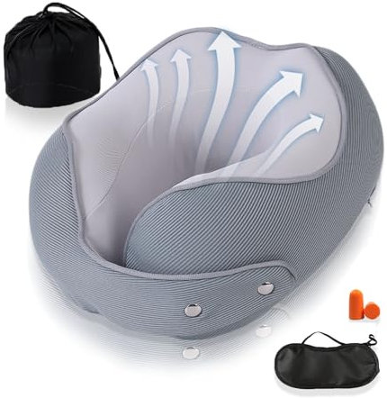 EHIOG Coussin de Voyage, Soutien pour Cervical en Mousse à mémoire Forme, idéal pour Voyager en Avion, en Voiture, en Train, avec Masque de Sommeil et Bouchons d'oreille, apportez Un Sac de Rangement