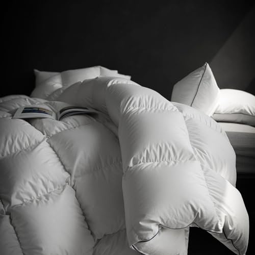 HYVIF Coperta in piuma d'oca ungherese per letto matrimoniale, imbottitura 850, calore medio per tutte le stagioni, leggera, doppia, bianca