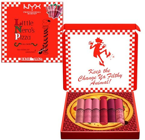 NYX Professional Makeup Home Alone Lipglosse in Pizzaschachtel, Mit glänzendem Finish und nicht klebriger Formel, Butter Gloss Pizza Vault, 6 Stück, 5 Pink-/Rottöne und Butter Gloss Bling