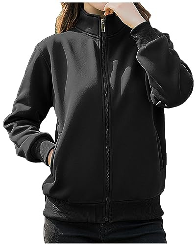 Ewleguzka Sweat à capuche zippé pour femme - Style rétro - Oversize - Pour adolescente - Style Y2K - Veste universitaire - Fermeture éclair intégrale - Décontracté - Sans capuche, noir 1, XXL