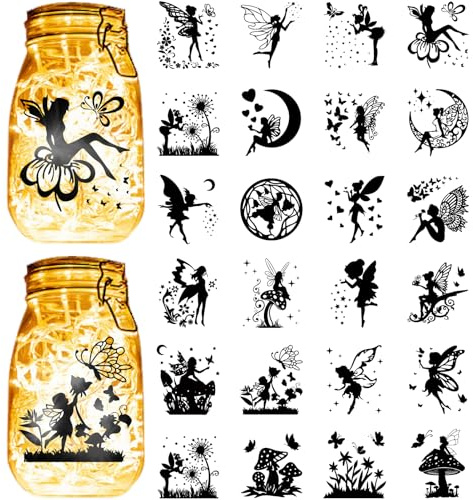 CREATCABIN 24 Stück Feen Silhouetten Aufkleber Für Einmachgläser，9x10cm | Wasserdicht,Transparentes PVC,Für Wand,Fenster Milchglas Basteln,Einmachgläser,Laternenglas Scrapbook,Weihnachtsverzierung