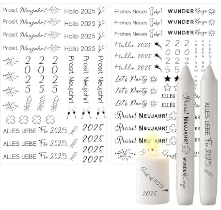 ALLAVA 2 Stück Kerzentattoos Weihnachten, Kerzentattoos Happy New Year A4, Wasserschiebefolie Rub on Sticker Weihnachten, Kerzensticker Kerzenfolie für Kerzen oder Keramik Bogen DIY Stickerbogen A