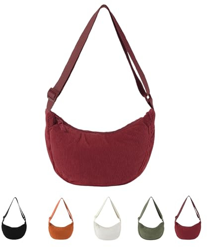 Hernin Borsa Crossbody in Velluto a Coste a Forma di Fagottino Borsa a Mezzaluna Crossbody Donna Borsa a Tracolla in Velluto a Coste Nero/Crema Borsa a Mezzaluna a Forma di Fagottino (Borgogna)