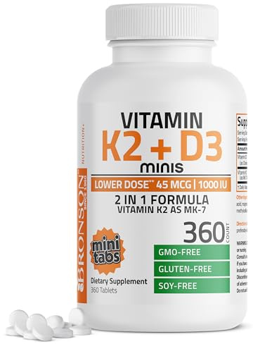 Bronson Vitamin K2 (MK7) with D3 Lower Dose 45mcg Vitamin K2 & 1000 IU Vitamin D3 Easy to Swallow Daily Maintenance 2 in 1 Formula Non-GMO, 360 Mini Tablets