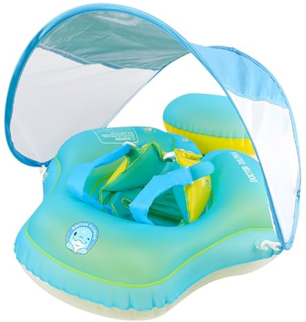 Octonyluck Simring för baby med avtagbart soltak med UPF50+, simhjälpmedel för baby för poolen, flytande uppblåsbar, justerbar säker sits, simring för barnpool för 6-36 månader (blå, L)