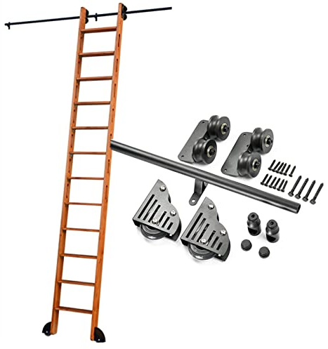 Kit di ferramenta per scaletta per biblioteca con binario sospeso, set completo di ferramenta + binario di estensione, binario per scaletta mobile con tubo tondo per casa/interno/loft/biblio