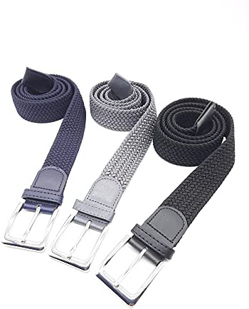Matec 3 Stück Stretchgürtel mit 115 cm Gesamtlänge und 3,5 cm breit elastische geflochtene dehnbare 1 x Blau 1 x Grau 1 x Schwarz