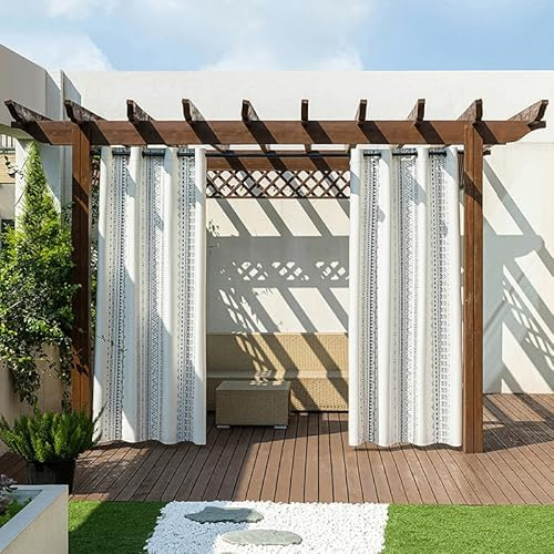 Hixingo Outdoor Vorhang Wetterfest mit Ösen 2er Set, Bohemia Drucke Outdoorvorhänge Wasserdicht, Blickdicht Gardinen für Balkon, Pavillon, Terrasse, Pergola (Linien,132x213cm)