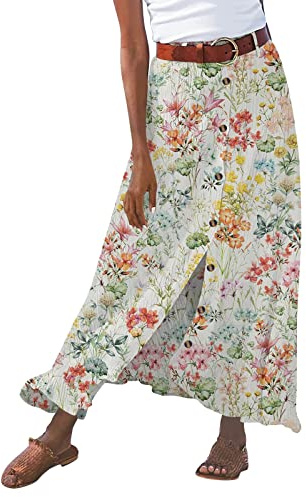 Jupe Boheme Femme Coton Lin- Jupe Mi Longue Taille Moyenne Fendue Fleurie À Imprimé Floral avec Boutons Été Décontracté Slim Fluide Élégants Tous Les Jours Tendance De Plage Vacances Skirt