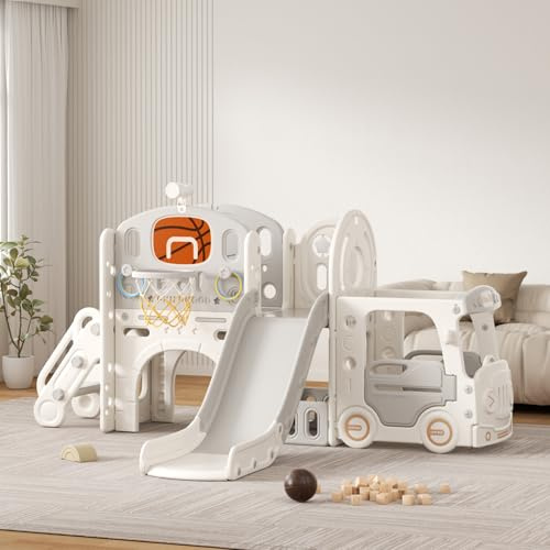 Structure Jeux Toboggan pour Enfant: Aire de Jeux Intérieure et Extérieure Enfant avec Coffre de Rangement Tunnel Escalier Echelle Panier de Basket et Zone de Passage (Star Set-G-Gray)