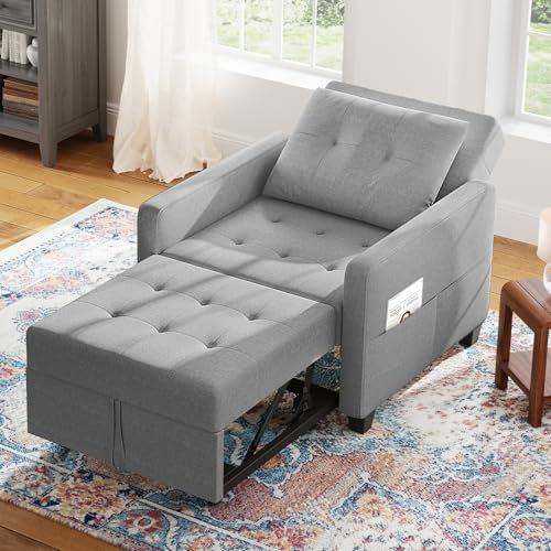 Meskanu Schlafsofa Klein 4 in 1, Klappsofa & Schlafhocker mit Bettfunktion, Sleeper Chair bis 200 kg, Sofabed mit Bezug in Leinenoptik, Schlafsessel für Wohnzimmer & Gästezimmer, Hellgrau