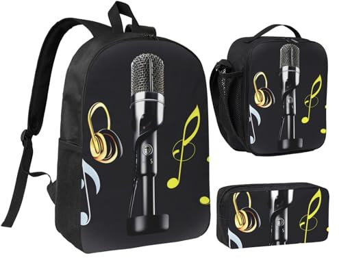 YQxwJL Set di 3 zaini con microfono con note musicali e astuccio portapranzo, per viaggi, lavoro, campeggio, unisex