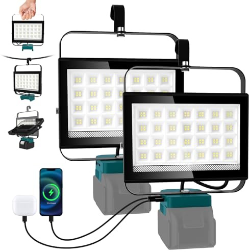 NATPOW Battery Lamp for Makita, 100 W LED Construction Spotlight Battery, LED Spotlight Battery Camping Lamp, Work Spotlight for Construction Site, Garage, Workshop, Camping, Emergency, Pack of 2