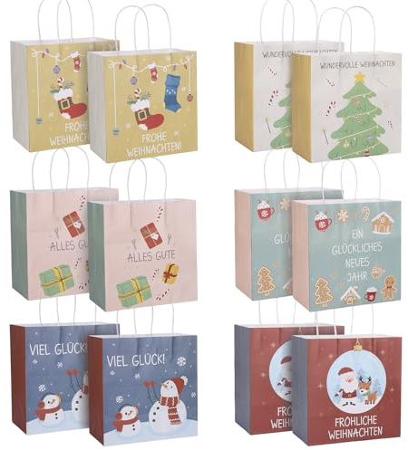 LIHAO Geschenktüten Weihnachten 12 Stück 21x22x12 cm dickem reißfestem Kraftpapier Tüten mit Griff Weihnachts Kraft Geschenktaschen