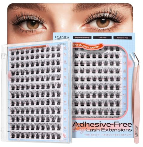 LASHVIEW Self Adhesive Eyelashes Kit 120Pcs Press On Lashes Pre Glued Eyelash Clusters Self Stick Cluster Lashes No Glue No Remover Needed DIY Lash Extension Kit for Beginners (N03-D 10-16mm)